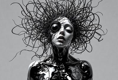 The primary subject of the image is a woman with a black wig and a black bodysuit. She has a unique and striking appearance, with her eyes wide open and her mouth slightly open. The setting is a black and white background, which adds to the dramatic and artistic nature of the photo. The visual style is a combination of digital art and illustration, creating a striking and memorable image. The colors and mood of the image are predominantly black and white, with a hint of red from the woman's